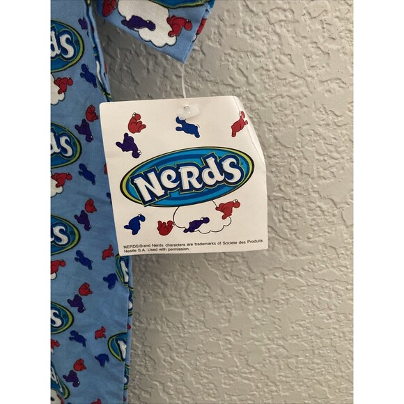 Vintage Nerds Candy Button Up Short Sleeve Collared Blue Shirt Men's Size L - Picture 2 of 14